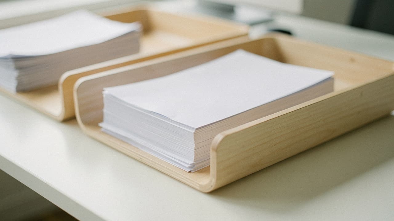 Sorted stacks of paper in trays on a bright desk