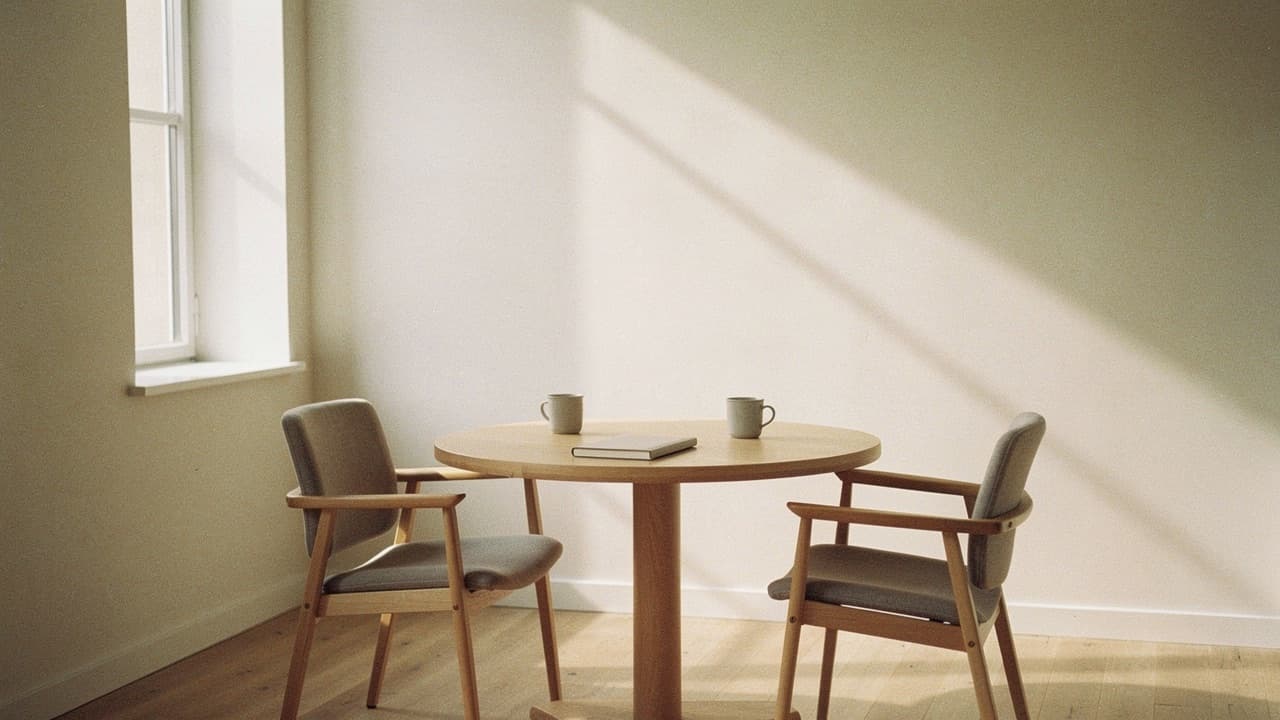 Empty meeting room with a round table by the window