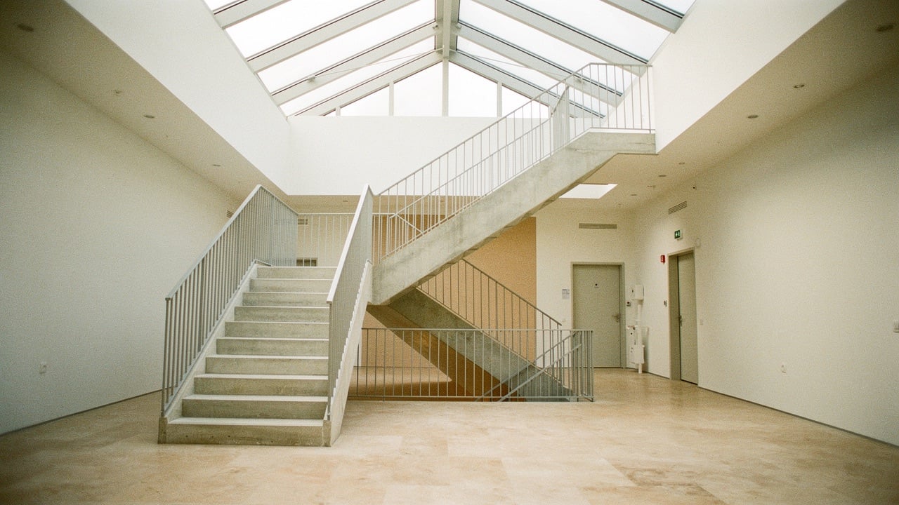 Lyst atrium med geometrisk trappe